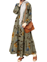 Women Retro Floral Printing Puff Sleeve O-Neck Casual Holiday Maxi Dress