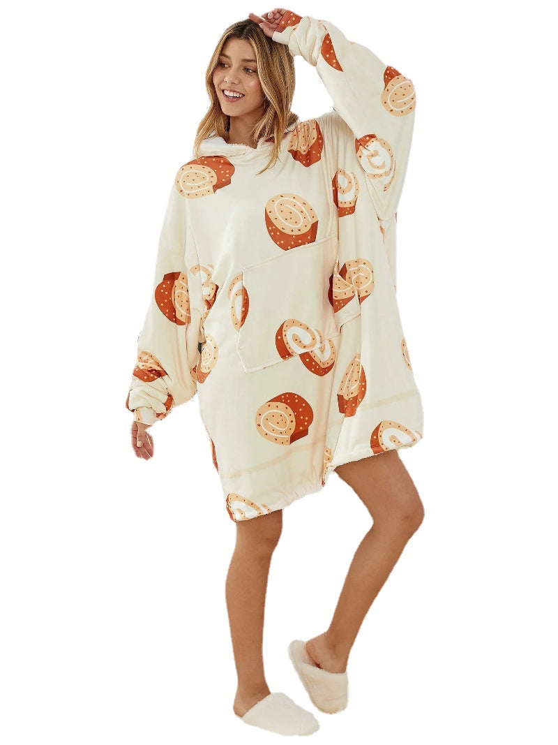 Women Cartoon Bread Print Warm Thicken Loose Home Blanket Hoodie With Kangaroo Pocket