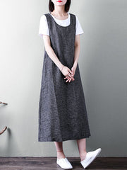 Women Sleeveless Plaid Loose Casual Mid-long Tank Dress