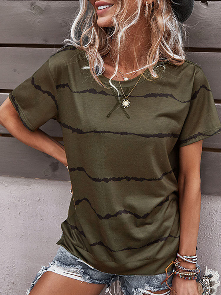 Stripe Print Short Sleeve O-neck Loose Casual T-Shirt For Women