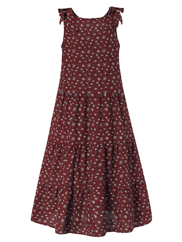 Women Cotton Floral Printing Sleeveless Detachable Bohemian Lace-Up Pleated Maxi Dress