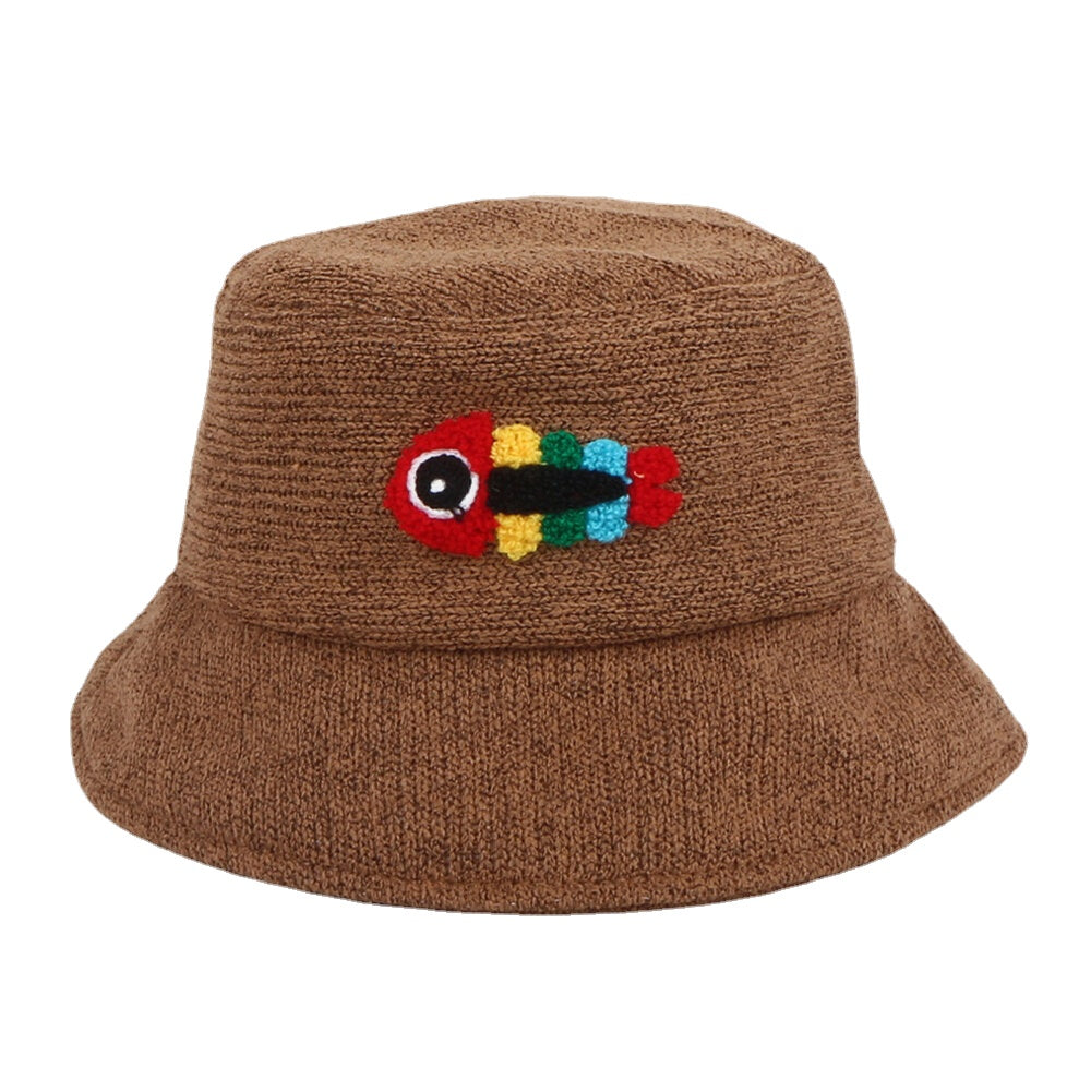 Unisex Woolen Embroidery Fish Bone Cute Casual Couple Hat Bucket Hat