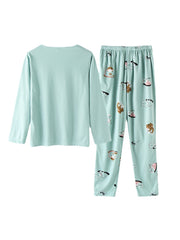 Women Cute Cartoon Animal Print Long Sleeve Pocket Elastic Waist Home Pajama Set