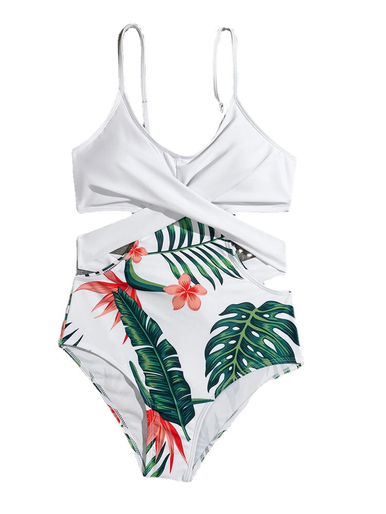 Tropical Plant Print Crisscross Cut Out Strappy One Piece Hawaii Style Women Swimwear