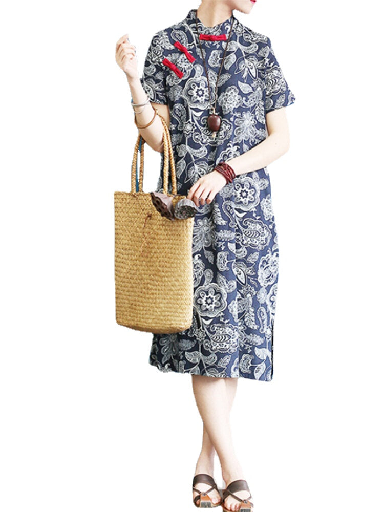 Women Vintage Printed Short Sleeve Split Hem Dress