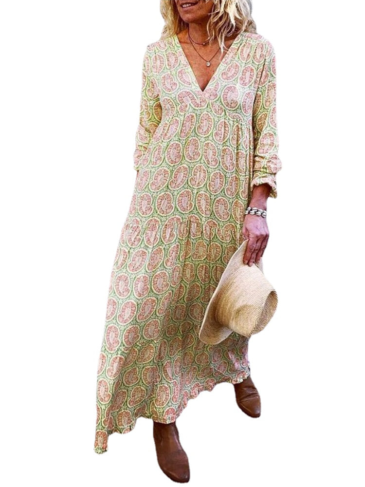 Women Holiday V-neck Print Long Sleeve Loose Maxi Dress