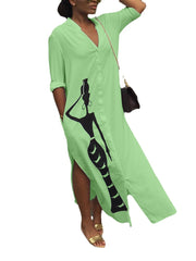 Women Figure Print Long Sleeve V-neck Split Design Maxi Dress