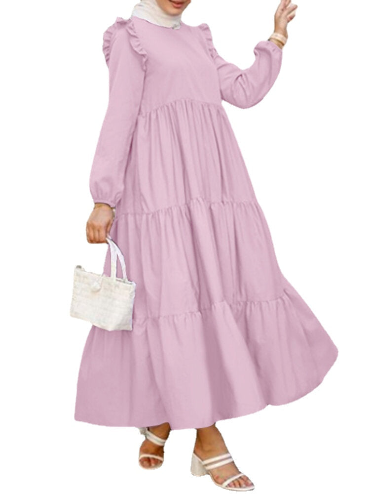 Women Solid Cotton Ruffles Hem Layered O-Neck Tiered Dress Casual Long Sleeve Maxi Dress