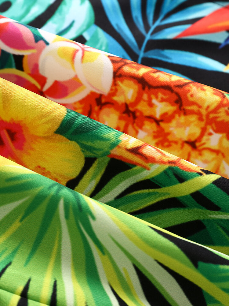 Mens Tropical Pineapple Print Holiday Mid Length Drawstring Shorts