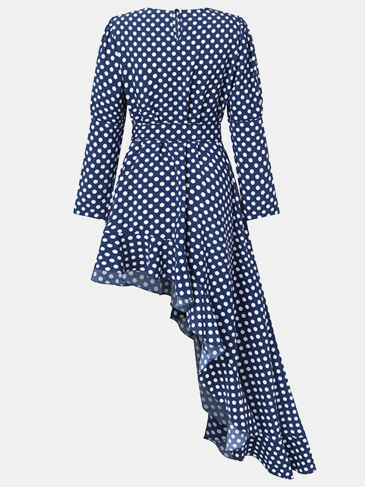 Women Polka Dot Print Asymmetric Ruffle Casual Long Sleeve Maxi Dresses