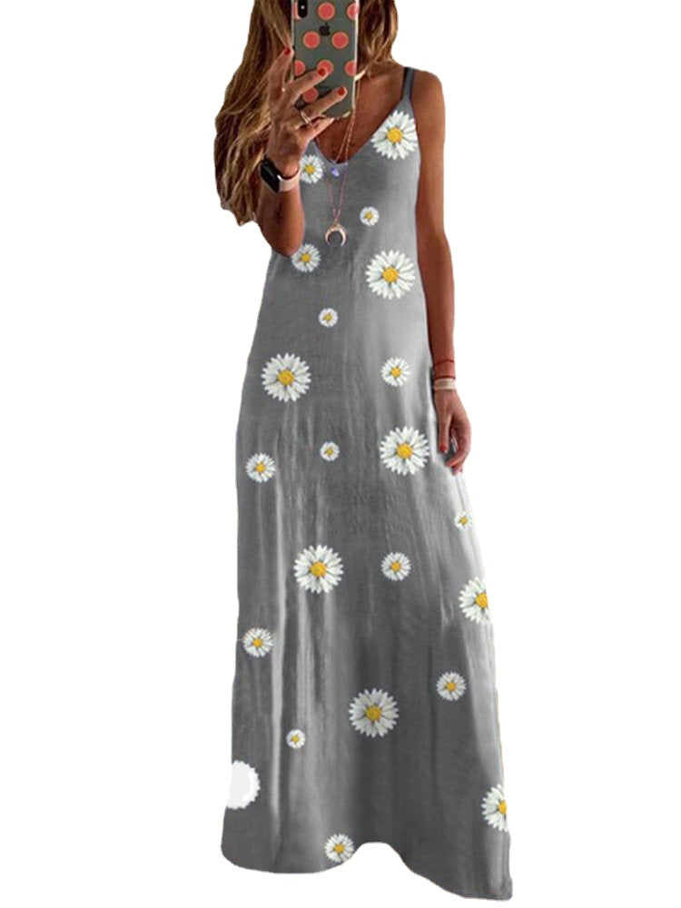 Women Summer Daisy Print Sleeveless Sling Holiday Maxi Dress