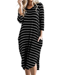 Women Stripes 3/4 Sleeves High Low Hem Dress with Pocket