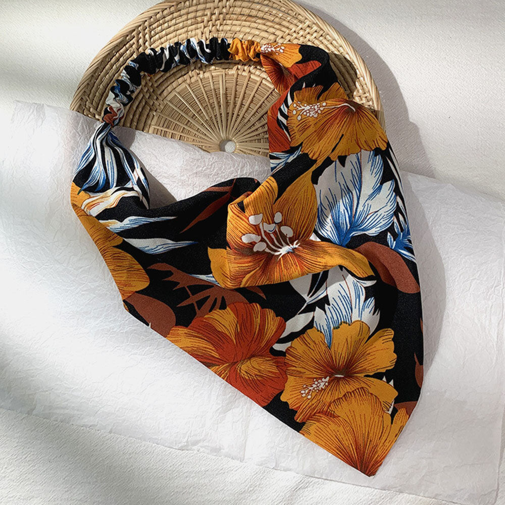 Women Chiffon Floral Pattern Wild Simple Triangle Scarf Wide Headband Headscarf Headwear