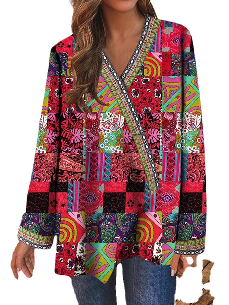 Women Retro Floral Print Patchwork Long Sleeve Irregular Cotton Ethnic Style Vintage Cardigans