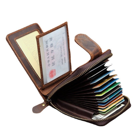 Men First Layer Cowhide RFID Anti-magnetic Zipper Organ Wallet 12 Card Slot Holder Driver License Case
