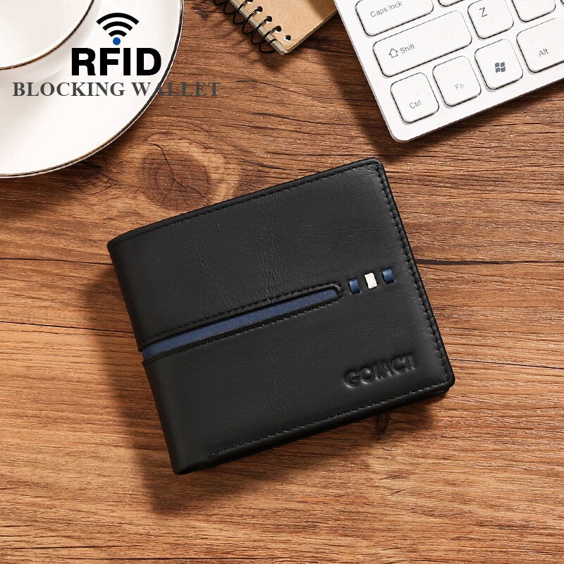 Men Horizontal Bifold RFID Blocking Card Case Retro Short Multi-card Slot Card Holder Coin Purse Money Clip Driver's License Wallet