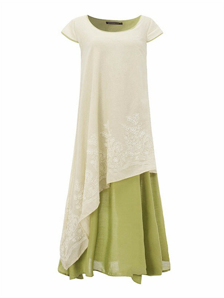 Vintage Women Embroidery Layered Short Sleeve Elegant Irregular Dress