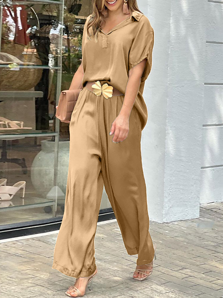 Solid Lapel Wide Leg Pocket Short Sleeve Suit