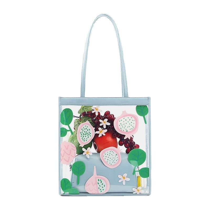 Women 2Pcs Waterproof Transparent Print Fruit PVC Multi-Carry Handbag Tote