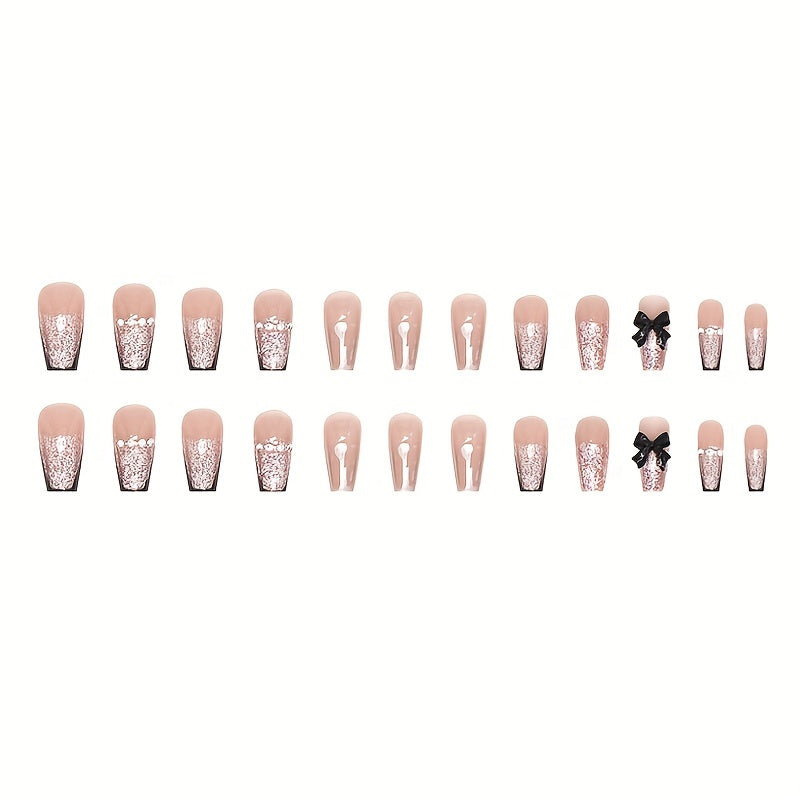 24pcs Glitter Ballet Press-On Nails with 3D Black Bow & Rhinestones – Perfect for Any Occasion