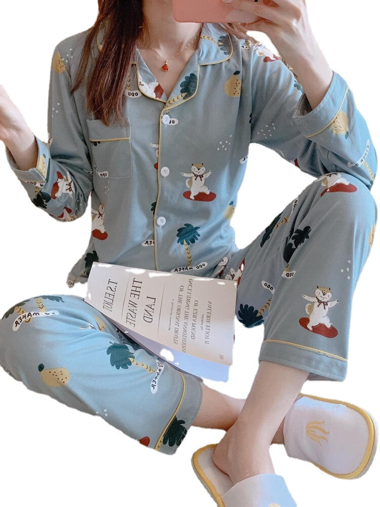 6 Patterns Womens Plaid Revere Collar Long Sleeve Loose Home Pajama Set