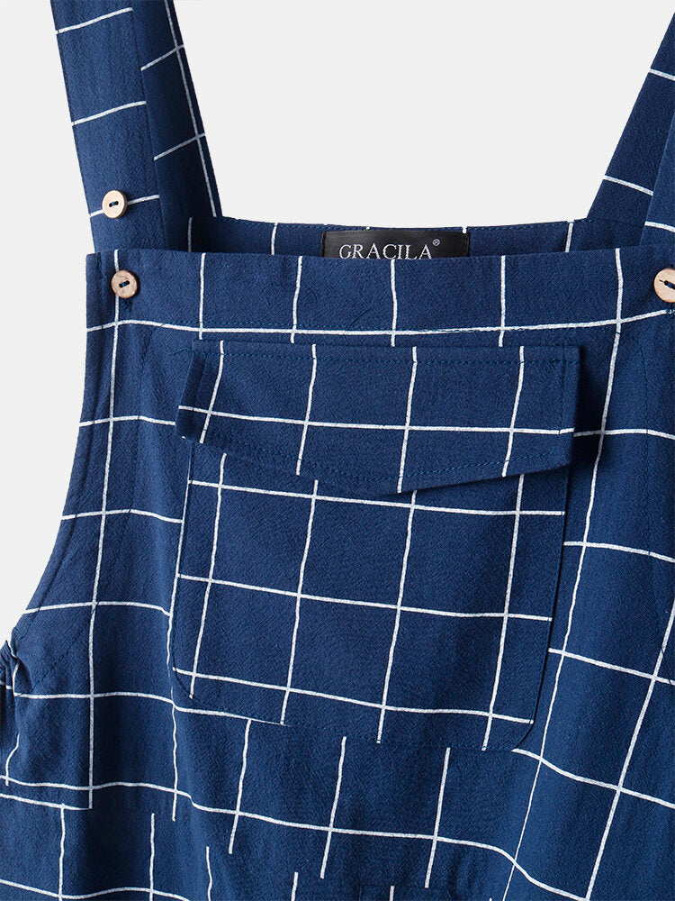 Women Grid Adjustable Strappy Sleeveless Casual Jumpsuits With Flap Pocket