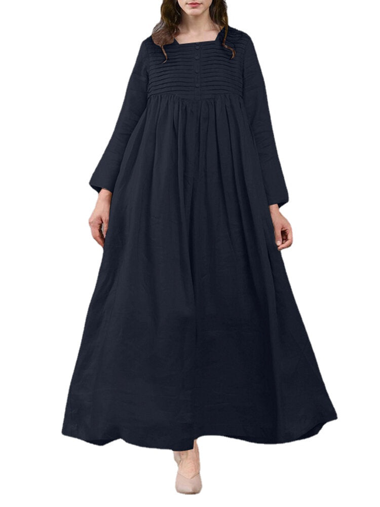 Women Square Neck Pleated Button Casual Maxi Vintage Dress With Side Pockets