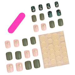 24pcs Chic Green Leopard Print Nails with Golden Foil - High-Gloss Pink Glue-On Set - Full Cover Square Shape