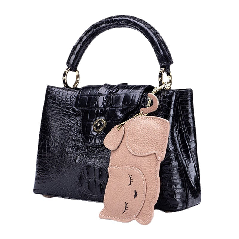 Women Genuine Leather Casual Cute Animal Nap Cat Pattern Mini Keychain Coin Storage Bag