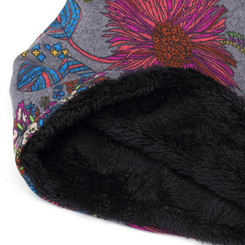Women Warm Plus Velvet Thicken Beanie Hat Collar Cashmere Fashion Painting Hat