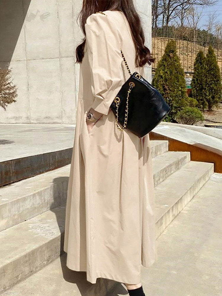 Women Long Sleeve Shirt Pockets Solid Ankle Length Midi Dresses