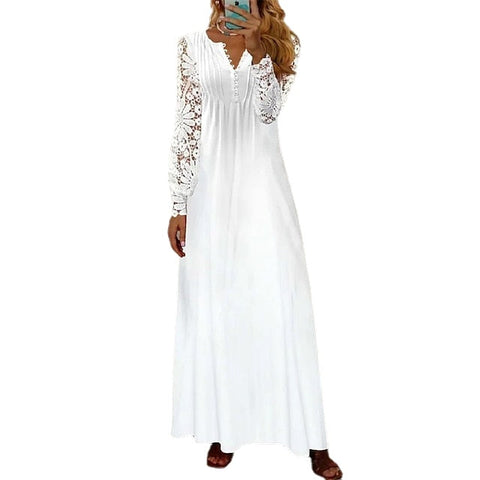 Women's Floral Lace Pleated Dresses Eyelet Long Dress Maxi Dress A Line Dress Print Dress Fashion Casual Outdoor Daily Button Long Sleeve V Neck Regular Fit White Pink Red Spring Summer Maxi Print Dresses