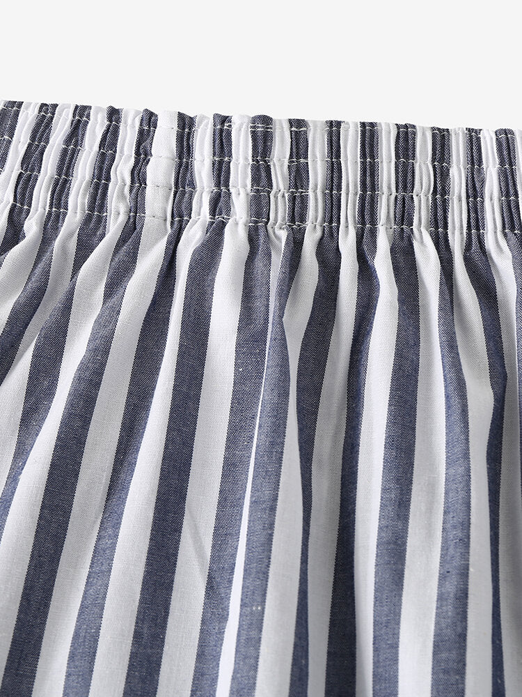 Mens 100% Cotton Basic Striped Breathable Loose Fit Home Lounge Shorts Boxers With Pocket