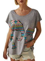 Elephant Print O-neck Short Sleeve Women Casual T-shirts