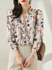 Floral Print Long Sleeve V-neck Ruffled Blouse For Women