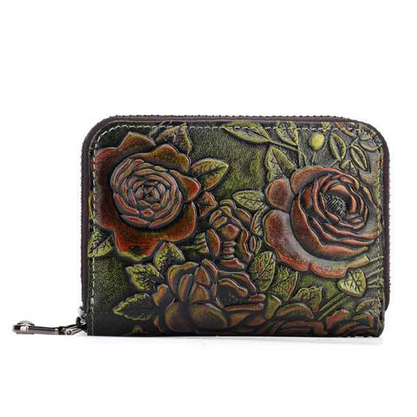 Women Vintage Casual Floral Genuine Leather Card Holder Coin Purse Wallet