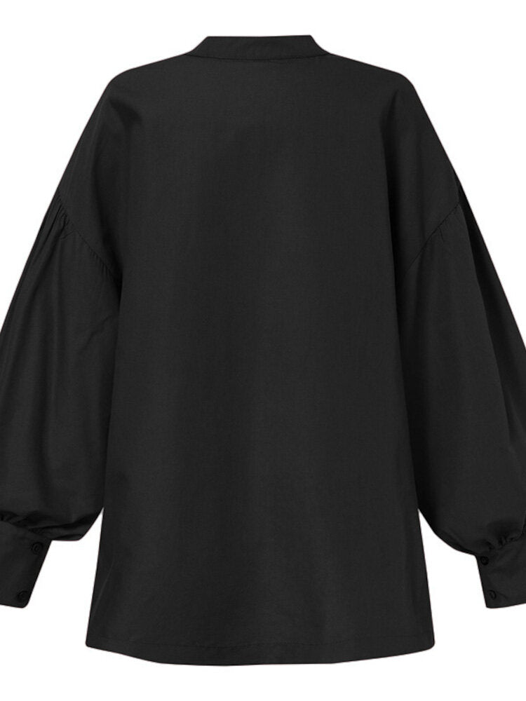 Women Solid Pleating Loose Daily Stand Collar Long Sleeve Shirts