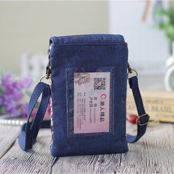Women Denim Three Interlayers Flower Printing Mini Shoulder Bags Lace Crossbody 6.0'' Phone Bag