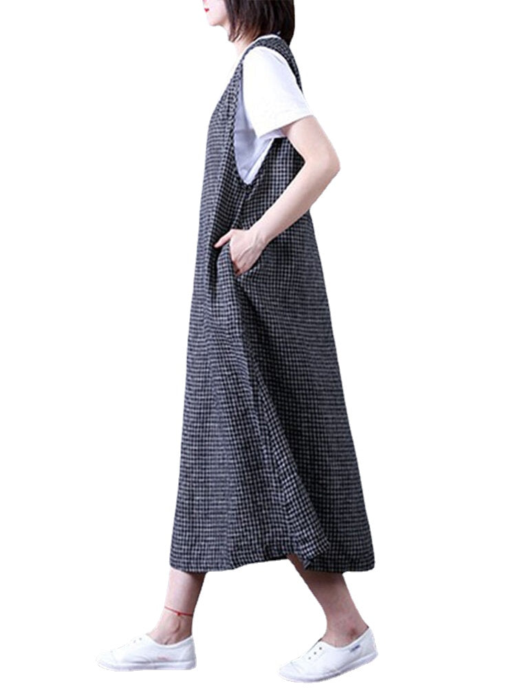 Women Sleeveless Plaid Loose Casual Mid-long Tank Dress