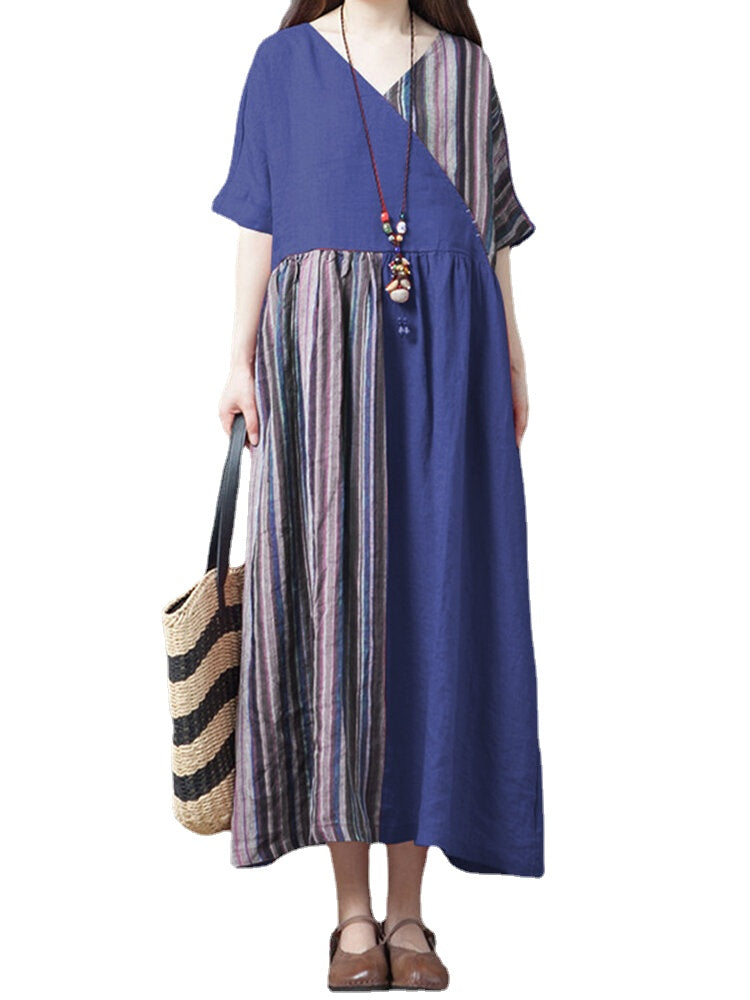 Stripe Patchwork V-neck Half Sleeve Pocket Vintage Maxi Dress