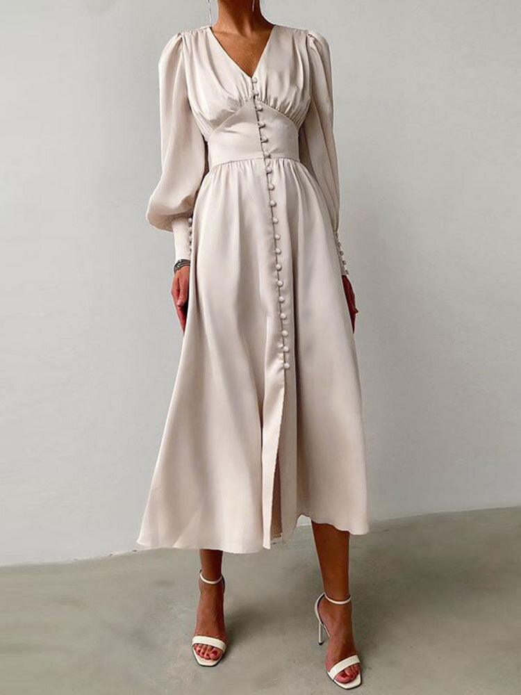 Women Satin Button Up V-Neck Long Sleeve Elegant Maxi Dresses