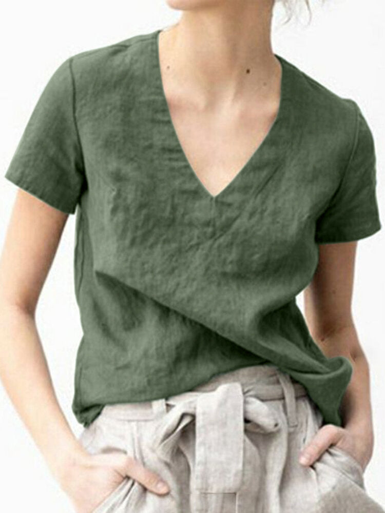 Solid V Neck Short Sleeve Blouse