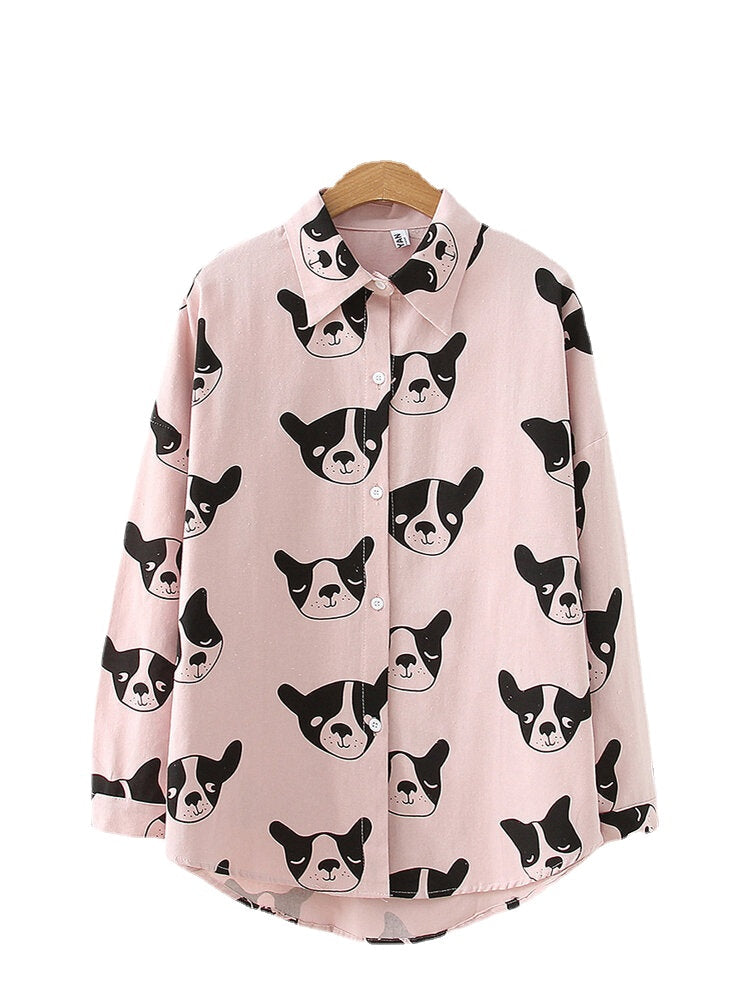 Cartoon Dog Animal Print Button Down Long Sleeve Irregular Hem Casual Blouse For Women