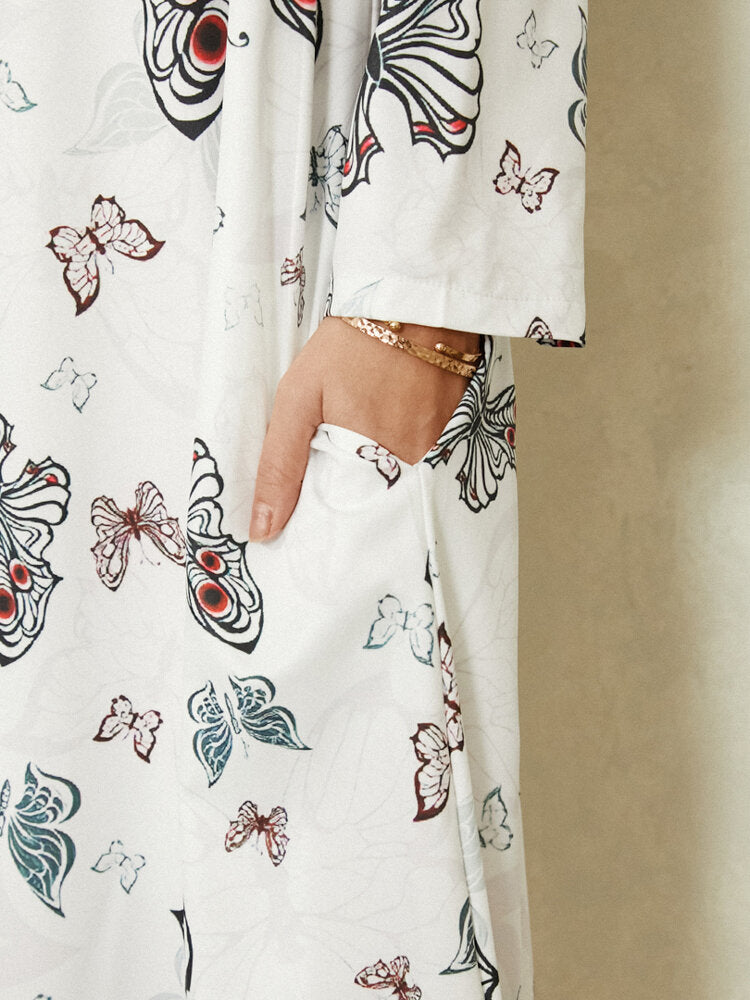 Women Butterfly Print Long Sleeve Pocket Casual Maxi Dress