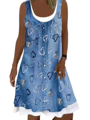 Women's Denim Color Sleeveless Print Pocket Button Round Neck Casual Daily Dress