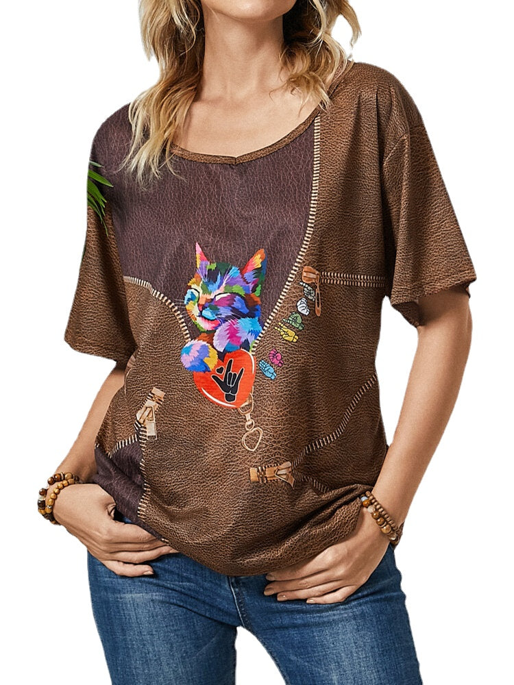 Cat Print O-neck Plus Size Casual Loose T-shirt