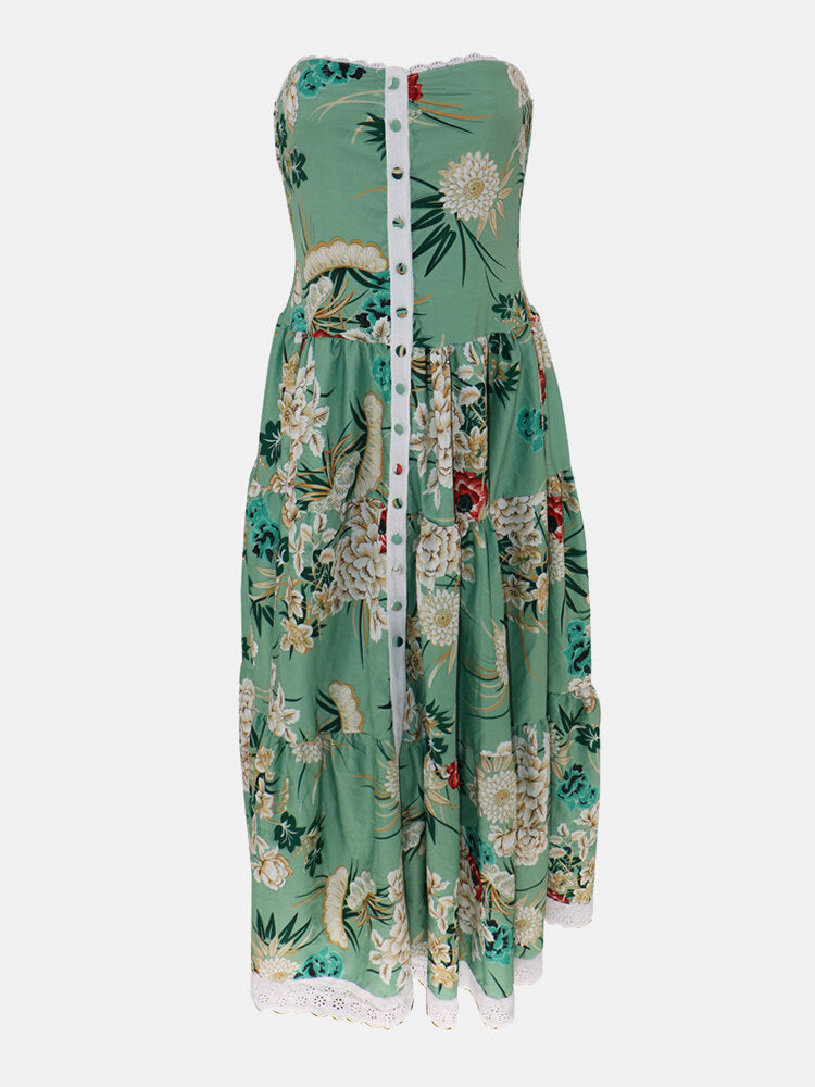 Women Floral Print Button Up Sleeveless Slim Bandeau Maxi Dresses