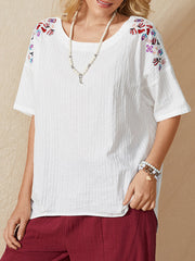 Women Floral Embroidery O-neck Irregular Hem Casual Loose T-shirts