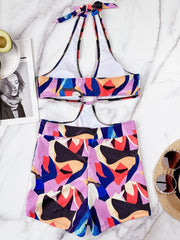 Women Contrasting Color Geometry Pattern Print Halter One Piece Swimwear