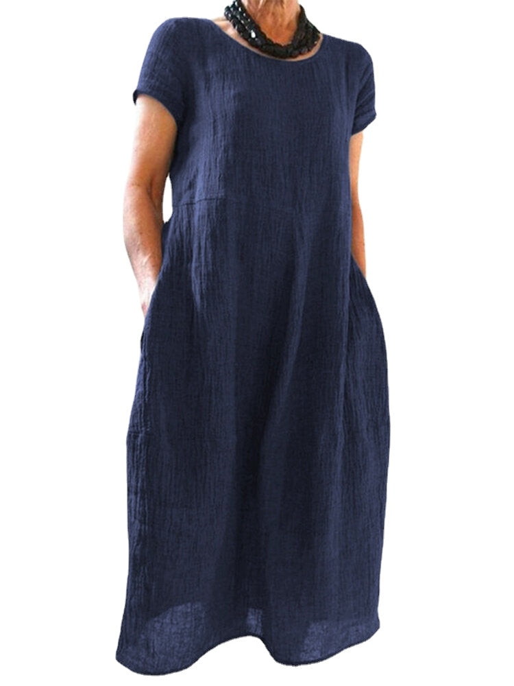 Women Cotton Loose Solid Color O-Neck Short Sleeve Side Pockets Dress